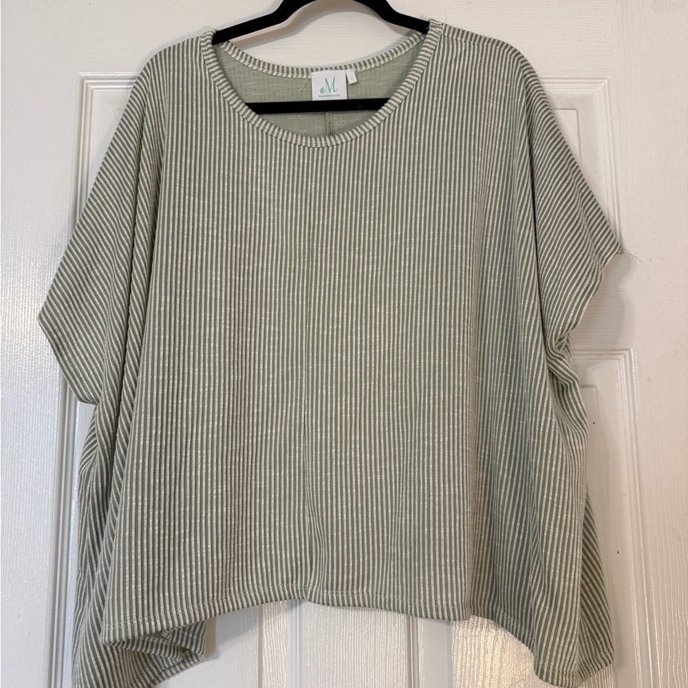 M Soft Stripe Oversized Short Sleeve Top - Sage/White